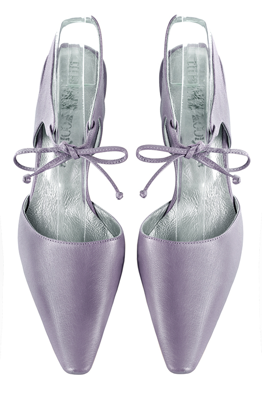 Lilac purple women's open back shoes, with an instep strap. Tapered toe. High slim heel. Top view - Florence KOOIJMAN
